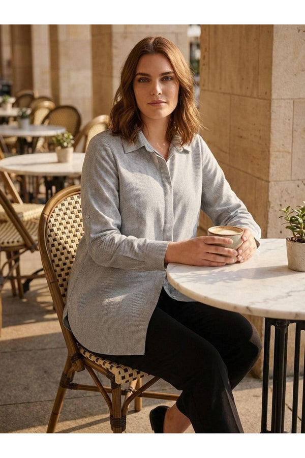 Plus Size Women's Striped Cotton Linen Long Sleeve Shirt