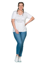 V Yaka Baskılı T-shirt - Beyaz