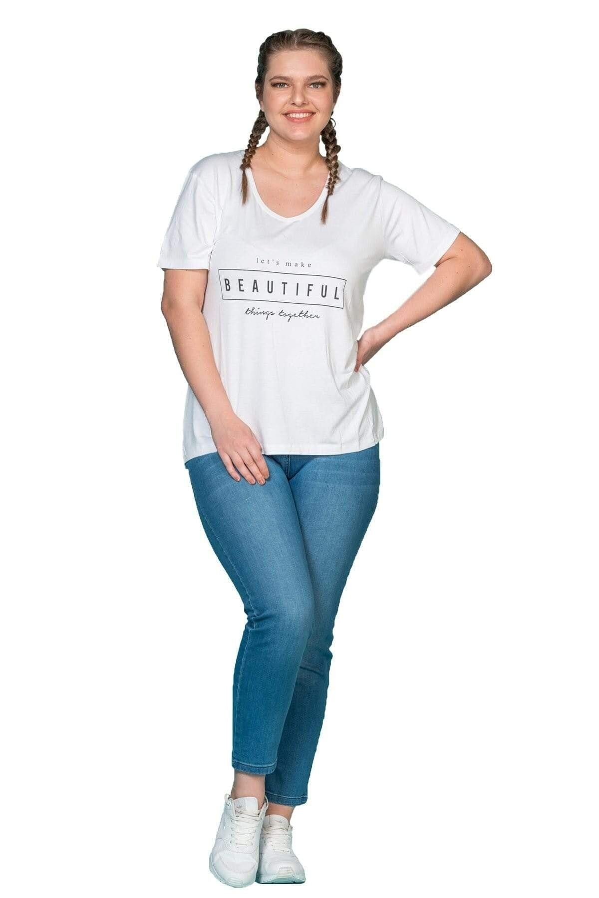 V Yaka Baskılı T-shirt - Siyah