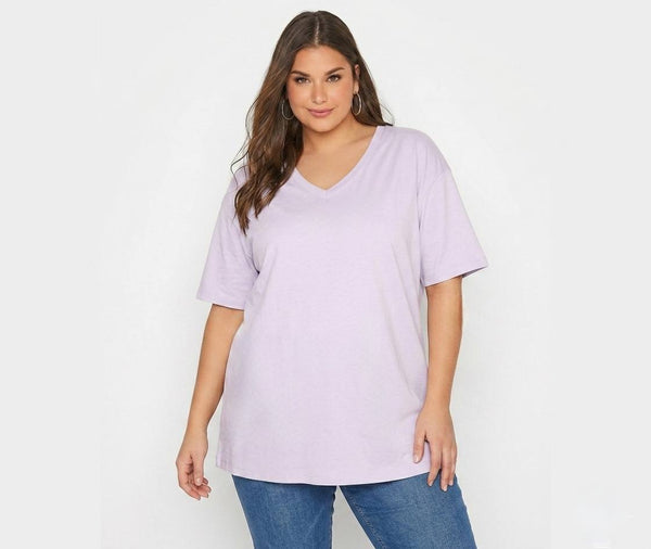 Büyük Beden Kadın Lila V Yaka Pamuklu Viskon T-Shirt