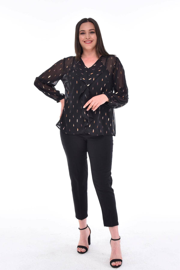 Büyük Beden Kadın  Şifon Fırfırlı Bluz - Astarlı