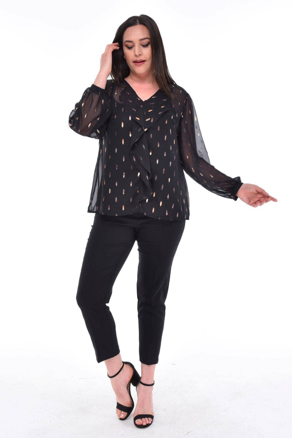Büyük Beden Kadın  Şifon Fırfırlı Bluz - Astarlı