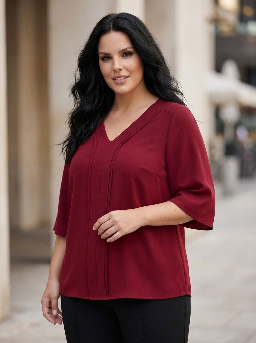 Büyük Beden Şık V Yaka Nervur Detaylı Jessica Krep Bluz - Image 6