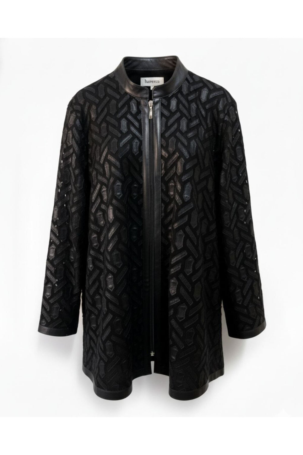 Büyük Beden Kadın Siyah Geometrik Desenli Deri Detaylı Ceket - Image 6