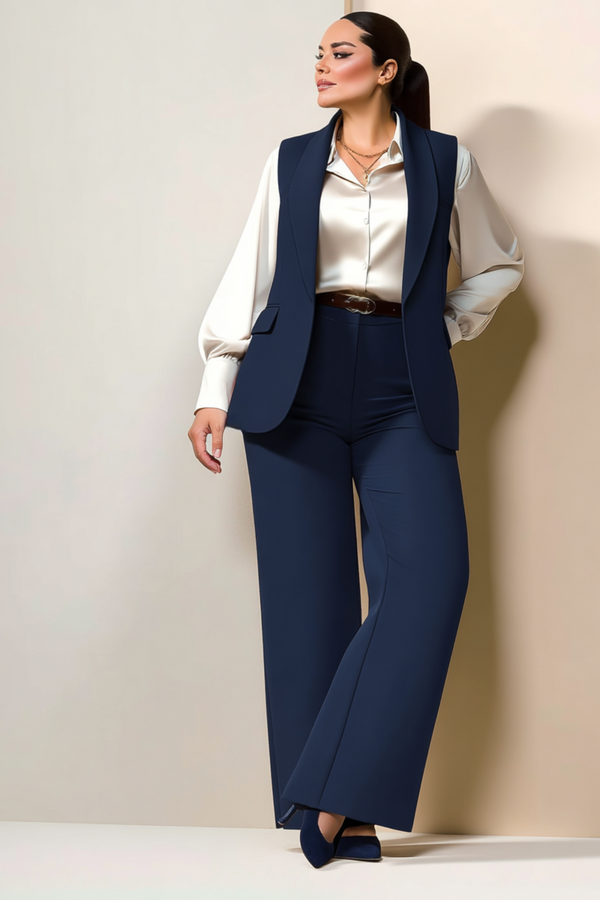 Black vest with pockets in durable fabric for plus-size women by HANEZZA, suitable for office casual wear.