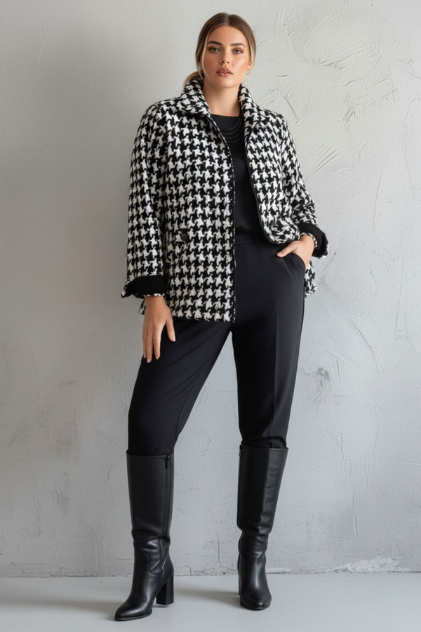 Black houndstooth patterned zip-up warm jacket by HANEZZA in plus sizes 42-48