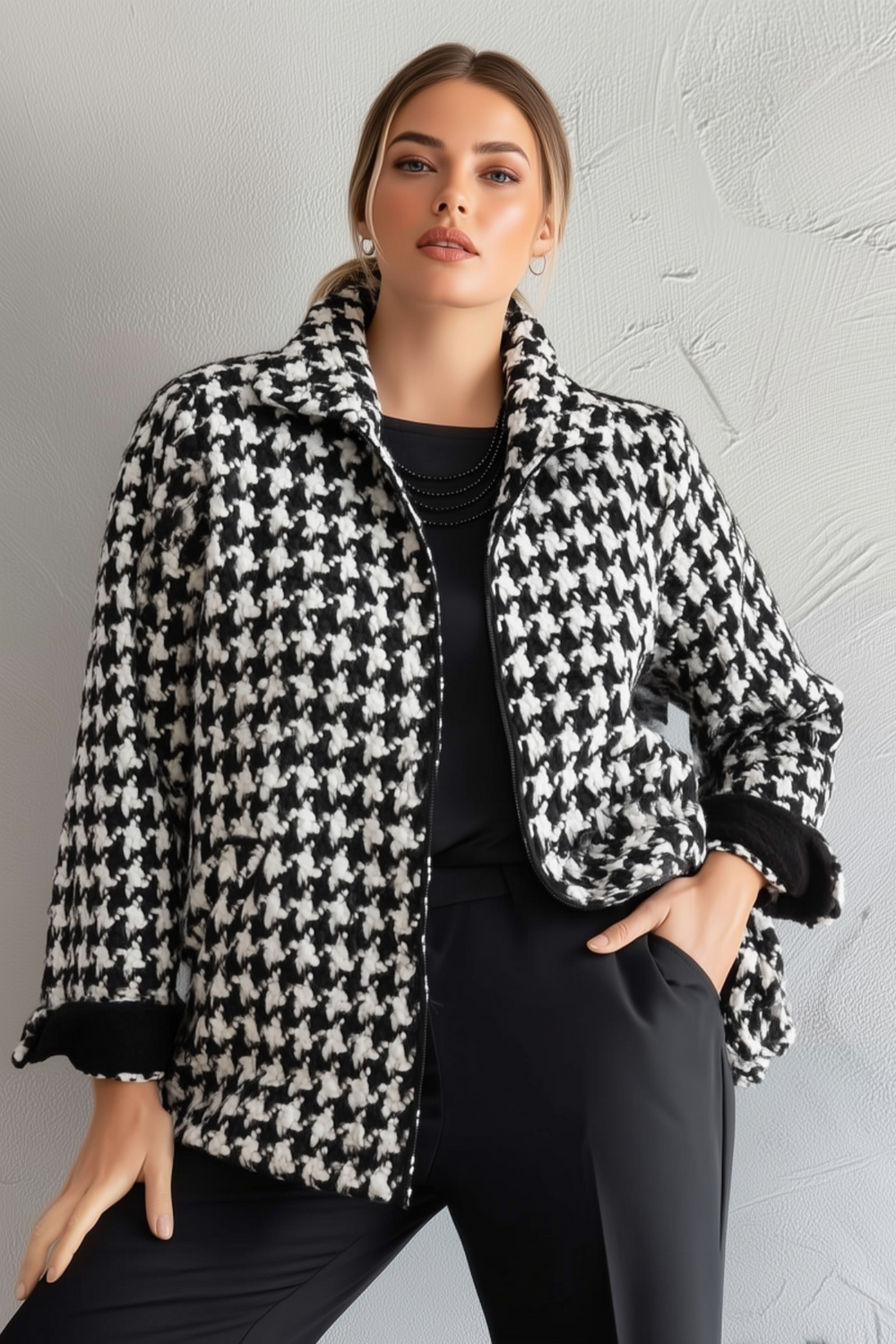 Houndstooth Pattern Plus Size Jacquard Warm Jacket - Image 1