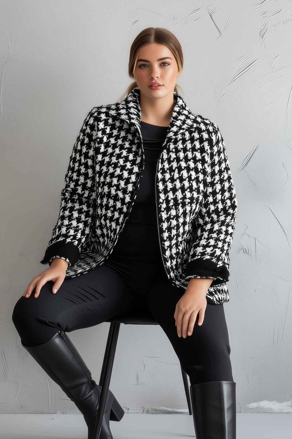 Houndstooth Pattern Plus Size Jacquard Warm Jacket - Image 3