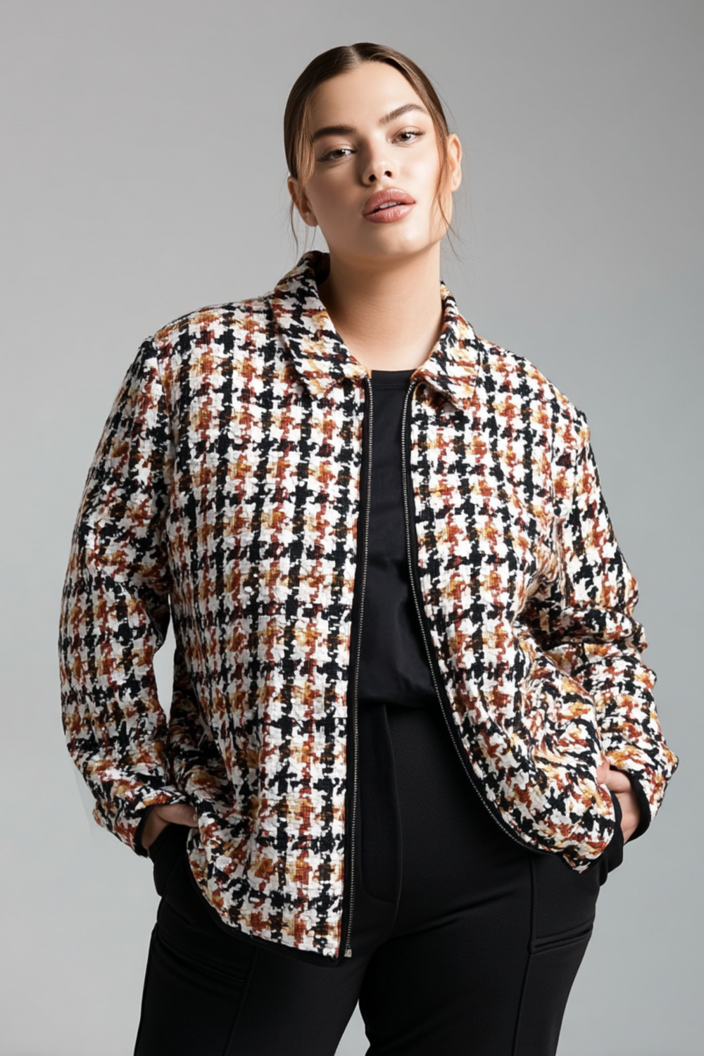 Houndstooth Pattern Plus Size Jacquard Warm Jacket - Image 4