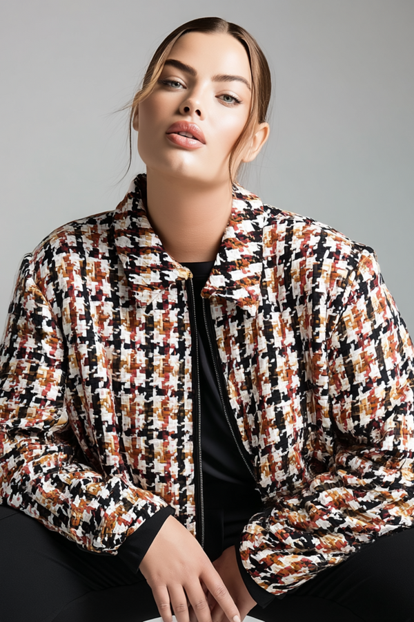 Houndstooth Pattern Plus Size Jacquard Warm Jacket
