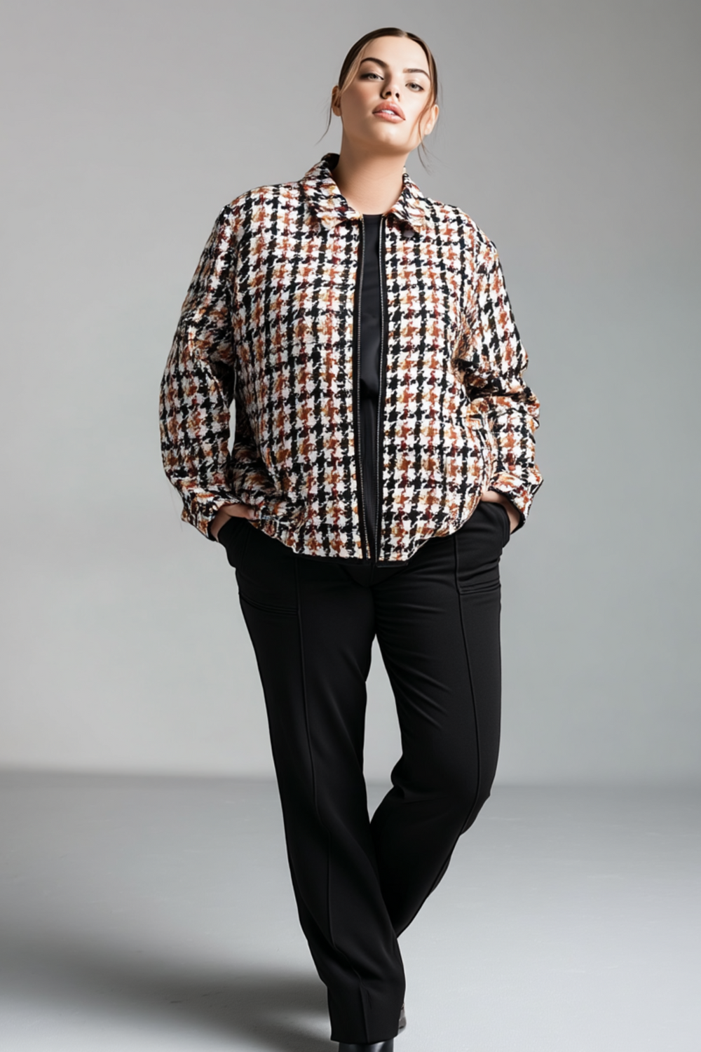 Houndstooth Pattern Plus Size Jacquard Warm Jacket - Image 6