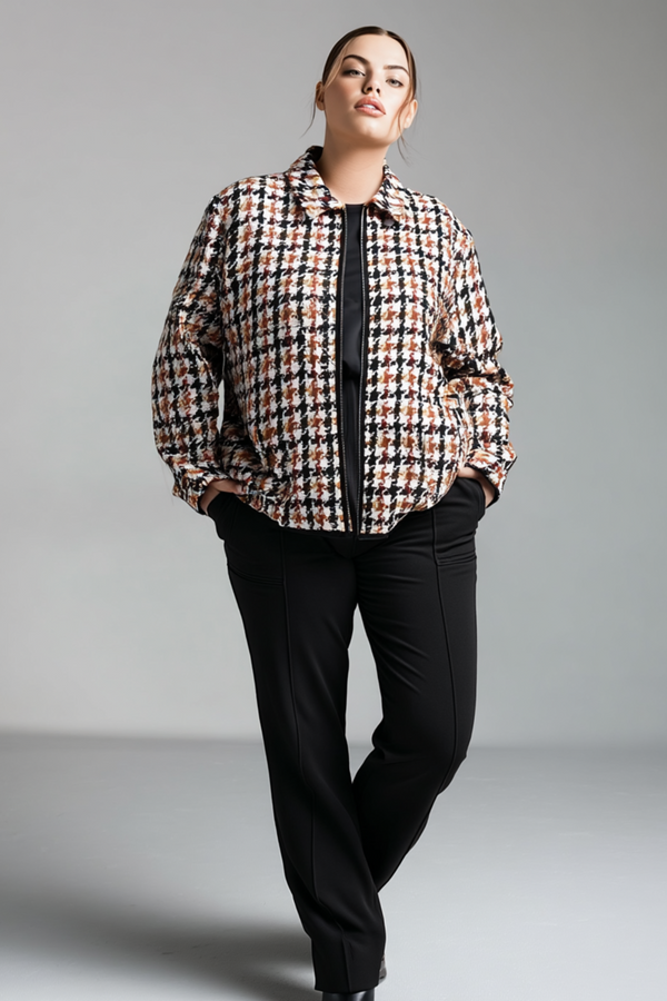 Houndstooth Pattern Plus Size Jacquard Warm Jacket
