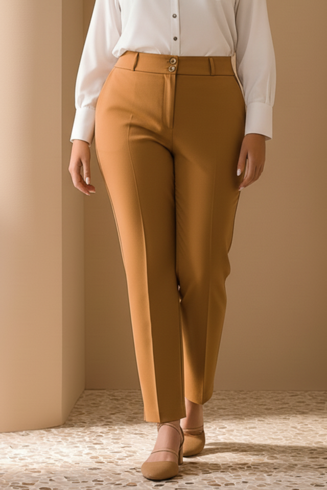 High-waisted black stretch pants for plus-size women by hanezza, made from flexible fabric, suitable for everyday wear.
