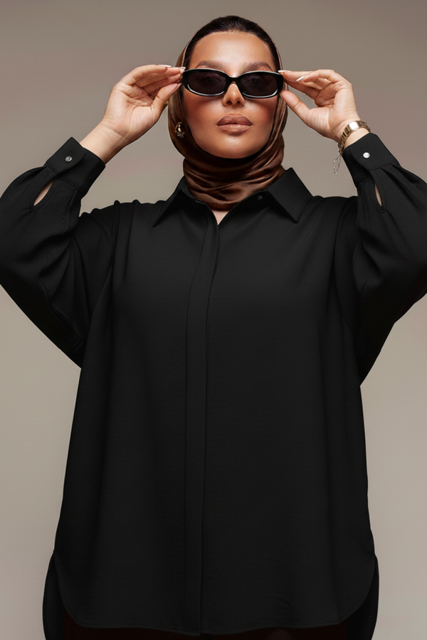 Ekru uzun kollu büyük beden tunik bluz, basen kapatıcı, HANEZZA, beden 44-52