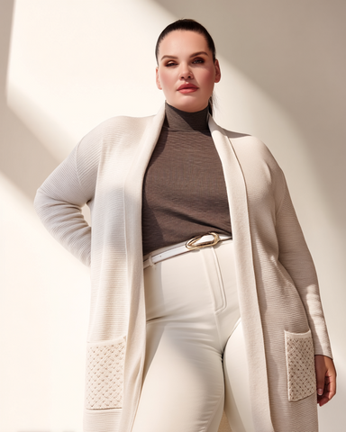 Büyük Beden Şal Yaka Triko Hırka - Cepli Sim Detaylı Akrilik