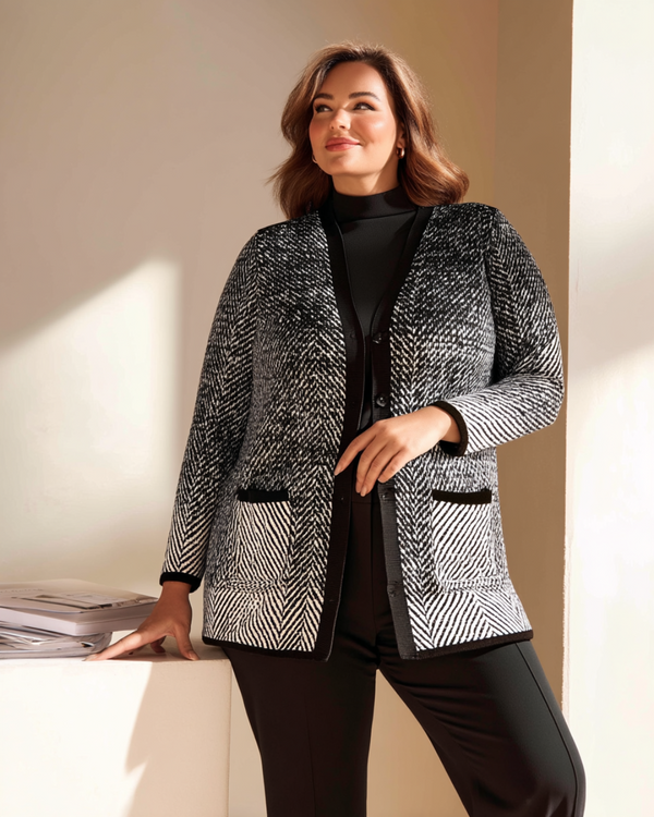 Navy blue knitted cardigan with patterned design and pockets, plus sizes 44-48 by HANEZZA.