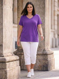 Damen-T-Shirt aus Baumwolle und Viskose mit V-Ausschnitt und Seitenschlitzen, große Größen