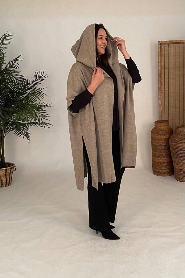 Plus Size Hooded Acrylic Knit Poncho - Oversized Outerwear