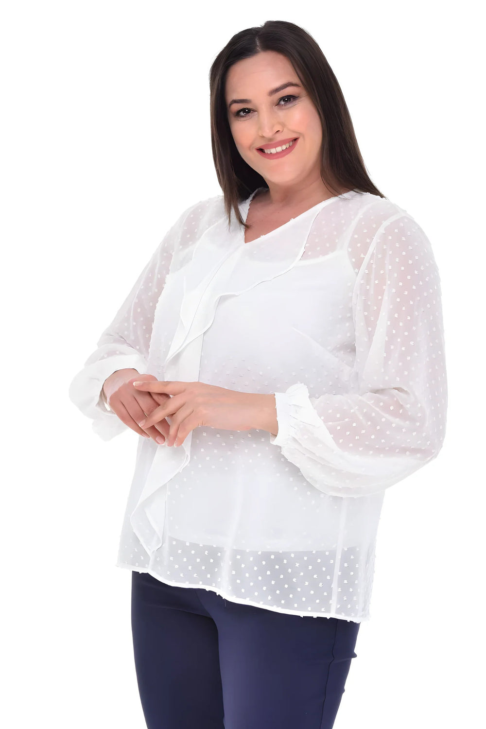 Büyük Beden Kadın  Şifon Fırfırlı Bluz - Astarlı - Image 57