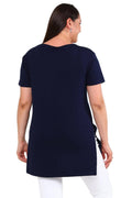 Damen-T-Shirt aus Baumwolle und Viskose mit V-Ausschnitt und Seitenschlitzen, große Größen