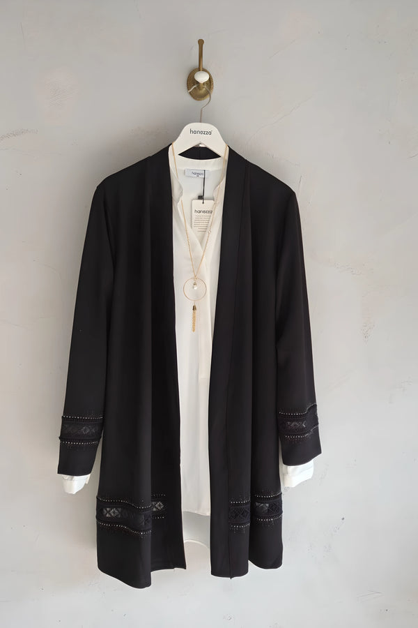 Black viscose cardigan with lace and embroidery details, sizes 44-52, by HANEZZA