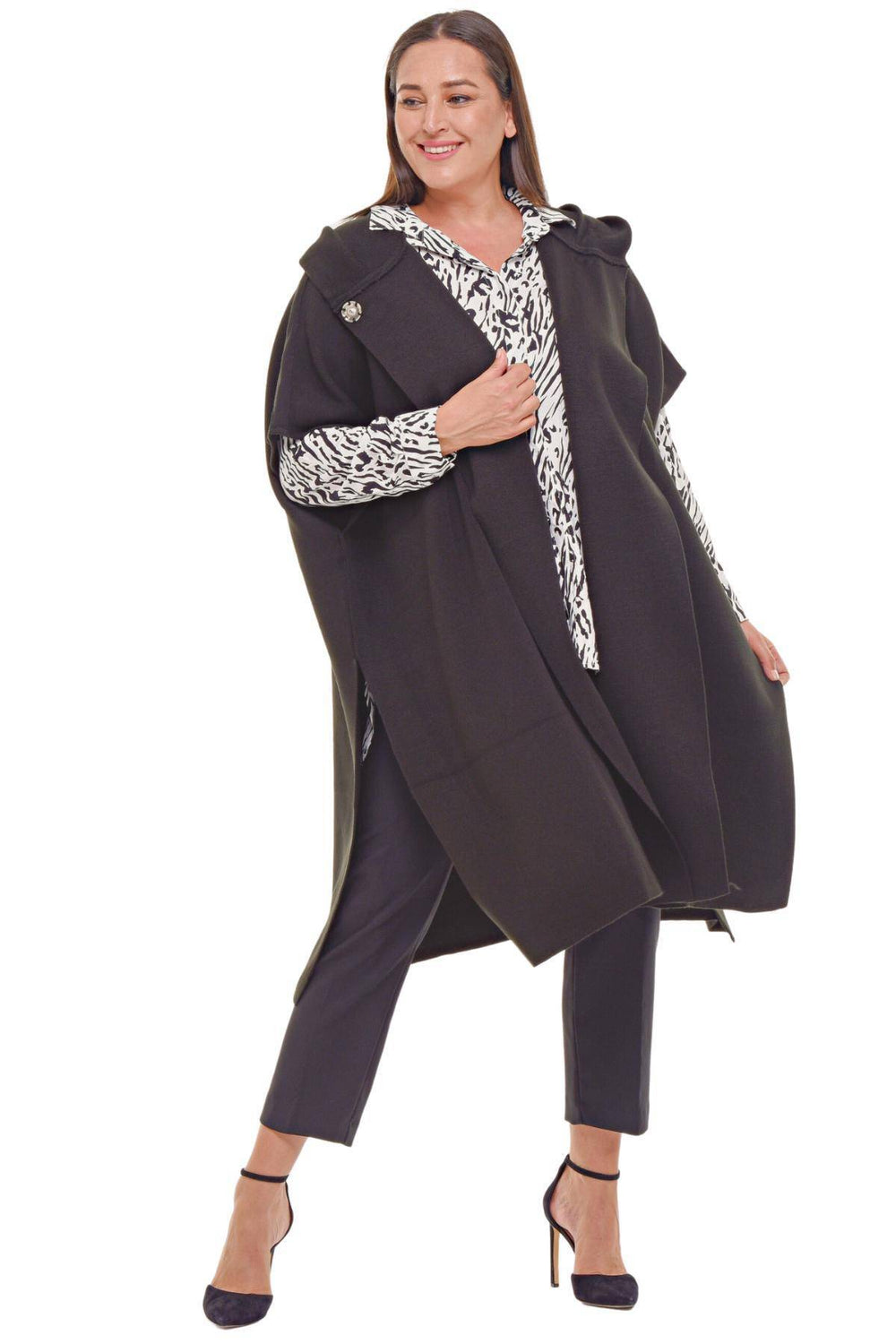 Plus Size Hooded Acrylic Knit Poncho - Oversized Outerwear - Image 5