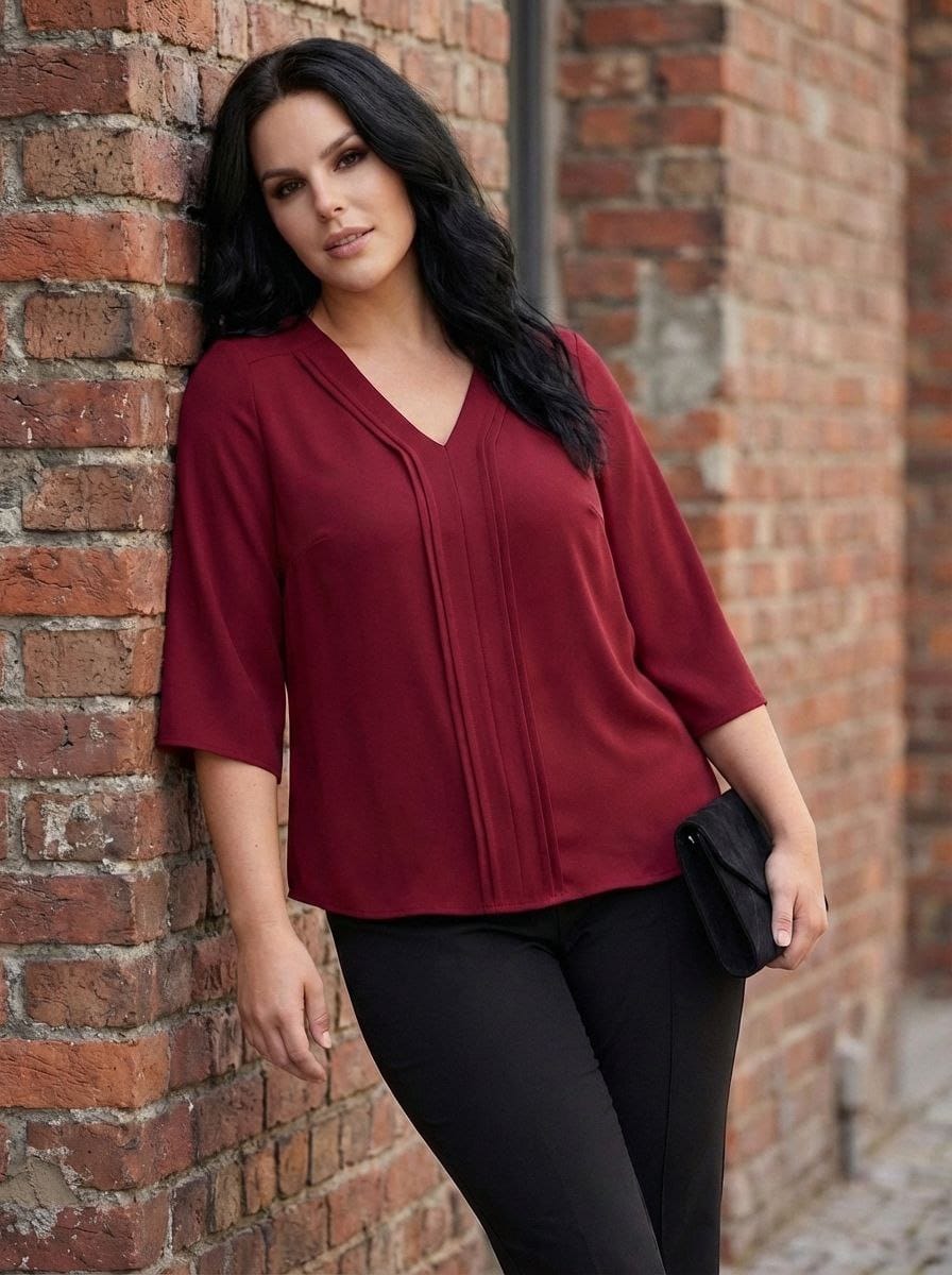 Plus Size Elegant V-Neck Pintuck Detail Jessica Crepe Blouse - Image 5