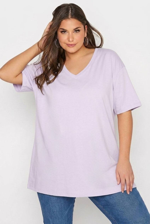 Büyük Beden Kadın Lila V Yaka Pamuklu Viskon T-Shirt