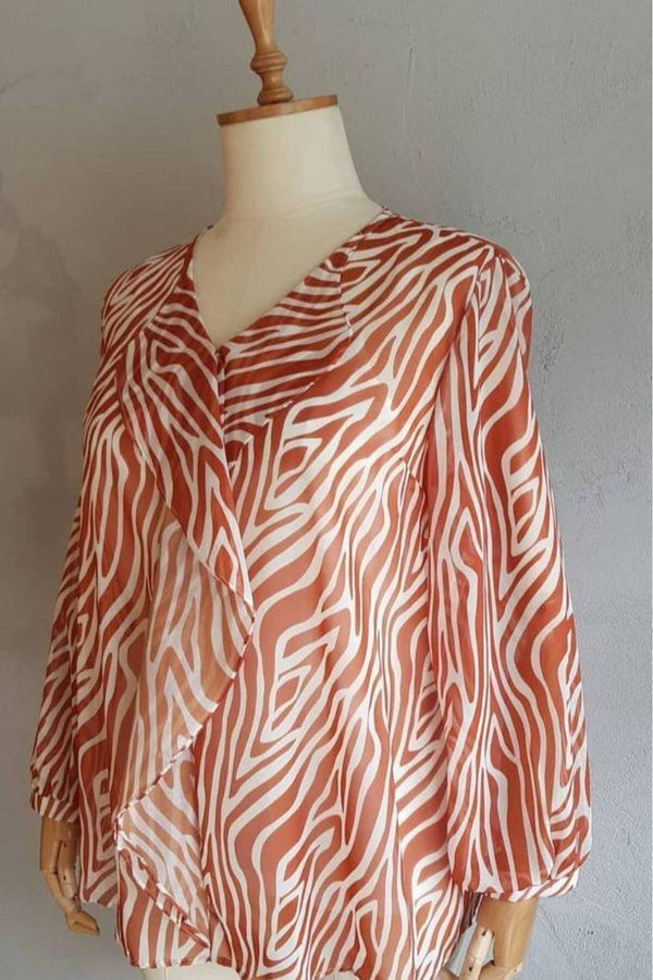 Büyük Beden Kadın  Şifon Fırfırlı Bluz - Astarlı