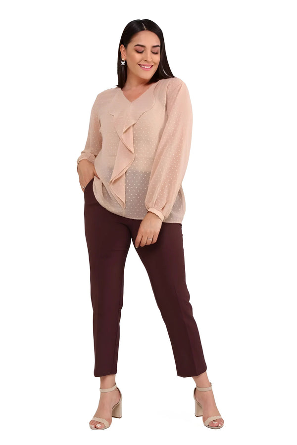 Büyük Beden Kadın  Şifon Fırfırlı Bluz - Astarlı