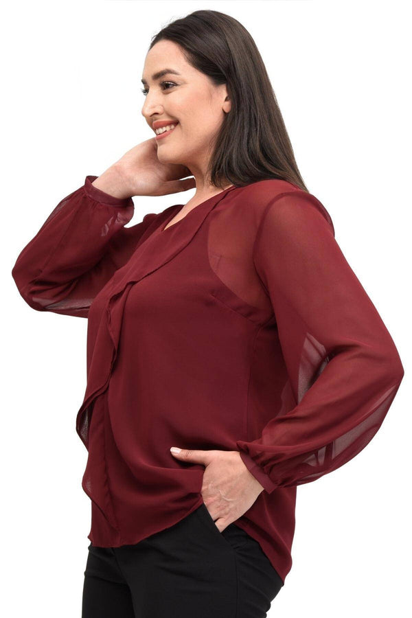 Büyük Beden Kadın  Şifon Fırfırlı Bluz - Astarlı