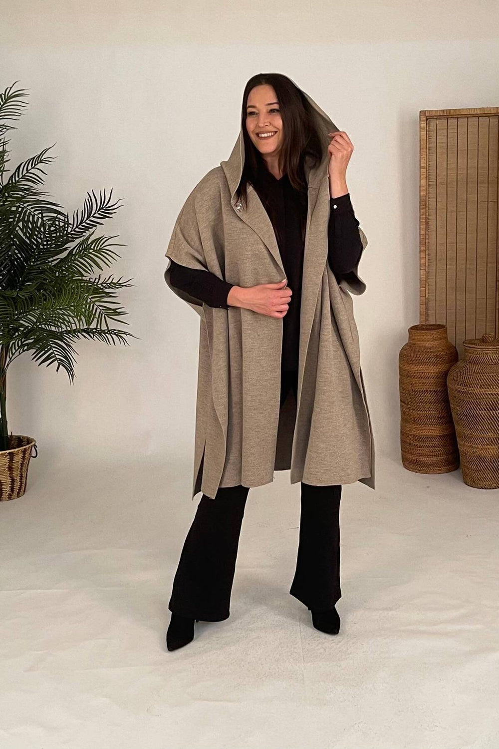 Plus Size Hooded Acrylic Knit Poncho - Oversized Outerwear - Image 9