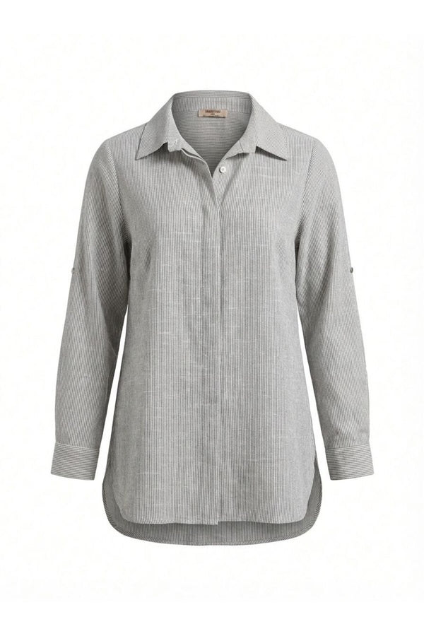 Plus Size Women's Striped Cotton Linen Long Sleeve Shirt