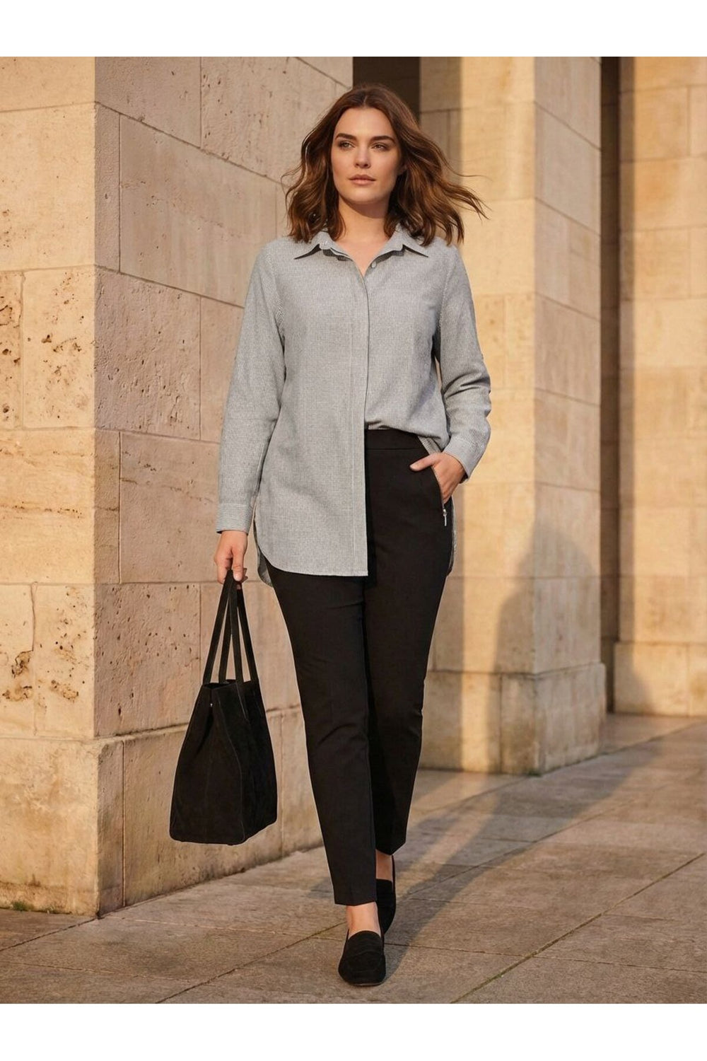 Plus Size Women's Striped Cotton Linen Long Sleeve Shirt - Image 3