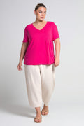 Damen-T-Shirt aus Baumwolle und Viskose mit V-Ausschnitt und Seitenschlitzen, große Größen