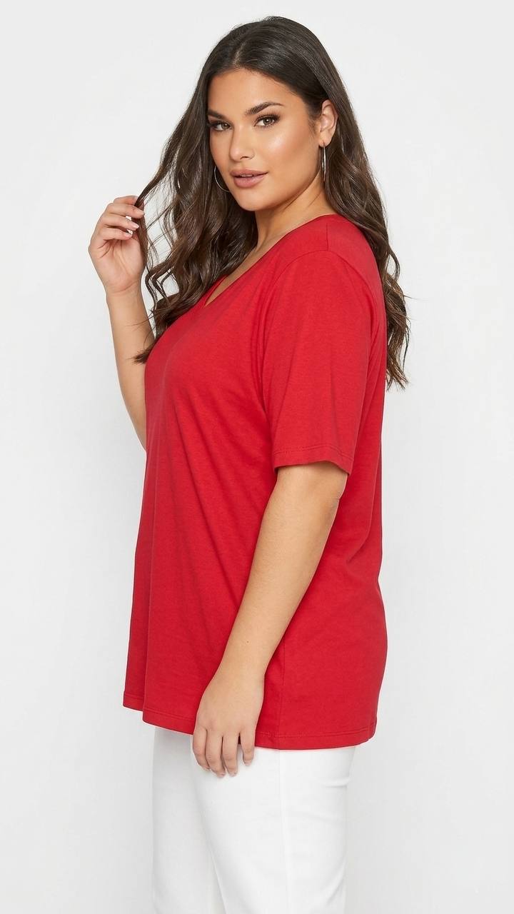 Büyük Beden Kadın Lila V Yaka Pamuklu Viskon T-Shirt - Image 9