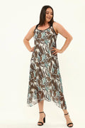 Hanezza Asymmetric Cut Floral Pattern Chiffon Dress in Cotton Viscose