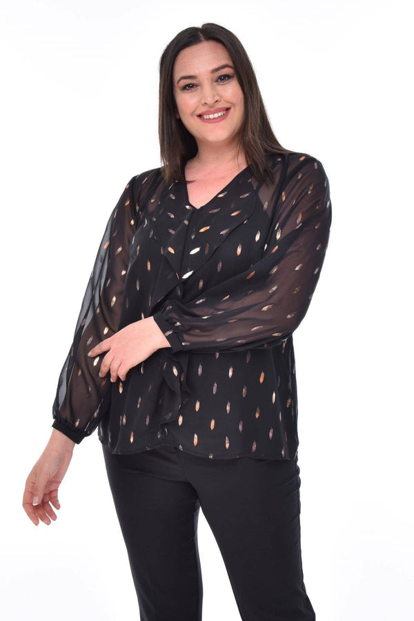 Büyük Beden Kadın  Şifon Fırfırlı Bluz - Astarlı