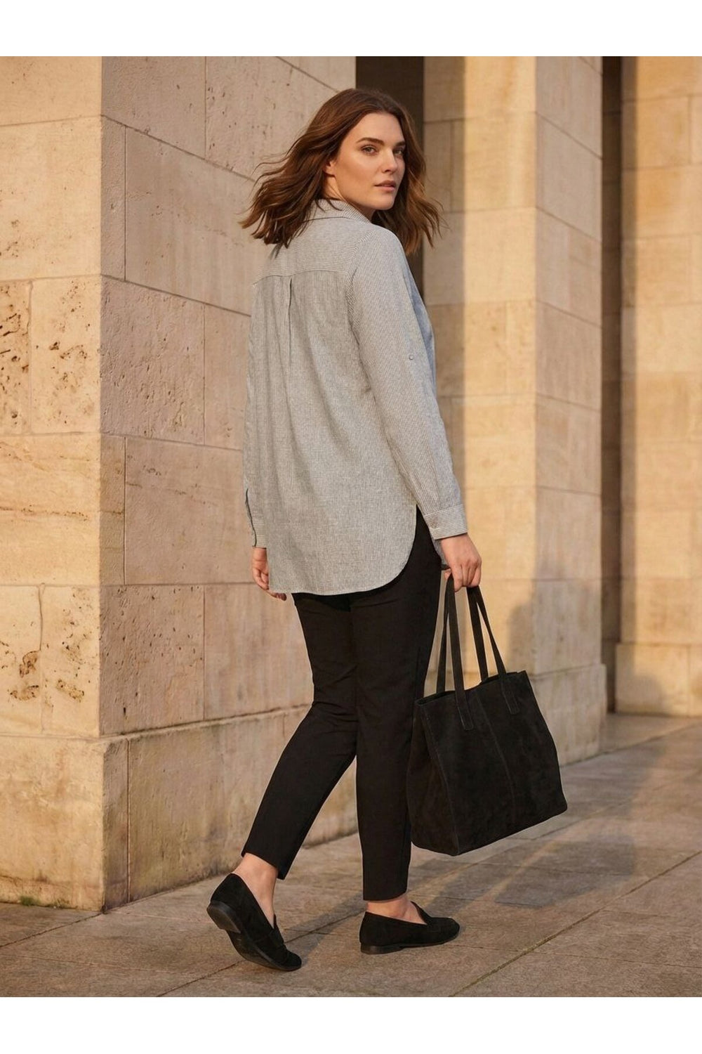 Plus Size Women's Striped Cotton Linen Long Sleeve Shirt - Image 4