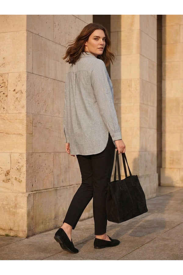 Plus Size Women's Striped Cotton Linen Long Sleeve Shirt