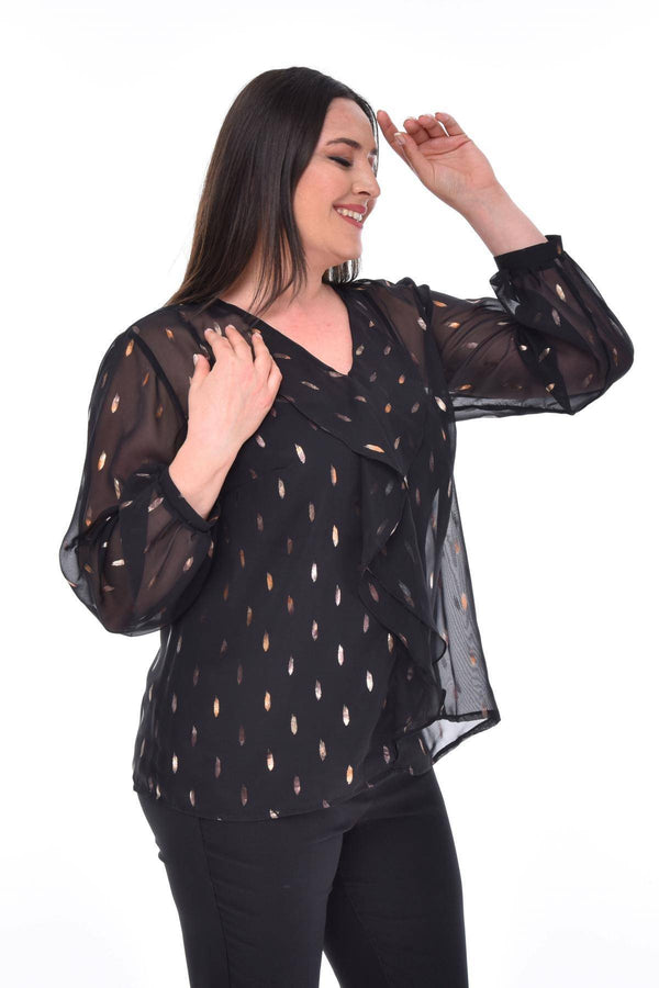 Büyük Beden Kadın  Şifon Fırfırlı Bluz - Astarlı