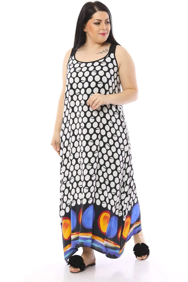Büyük Beden Kadın Astarlı Puan Desen Elbise - Büyük Beden Pamuklu Viskon Ticari Ürün Beyaz Siyah Puantiyeli ve Etnik Desen Detaylı