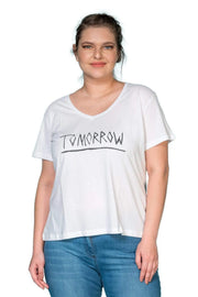 Büyük Beden Kadın Baskılı T-shırt Büyük Beden T-Shirt Beyaz Yazılı