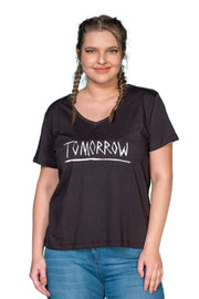 Büyük Beden Kadın "Tomorrow" Baskılı T-shirt Büyük Beden T-Shirt Siyah