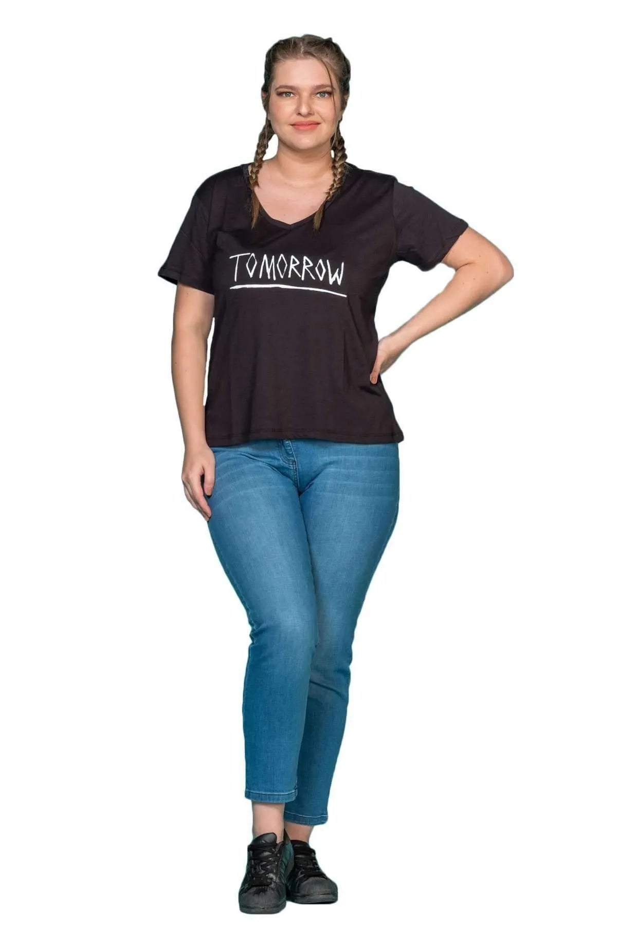 Büyük Beden Kadın Baskılı T-shırt Büyük Beden T-Shirt Siyah Baskılı