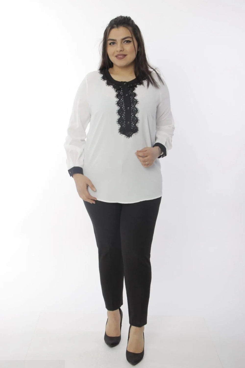 Crew Neck Buttoned Placket Blouse - Image 1