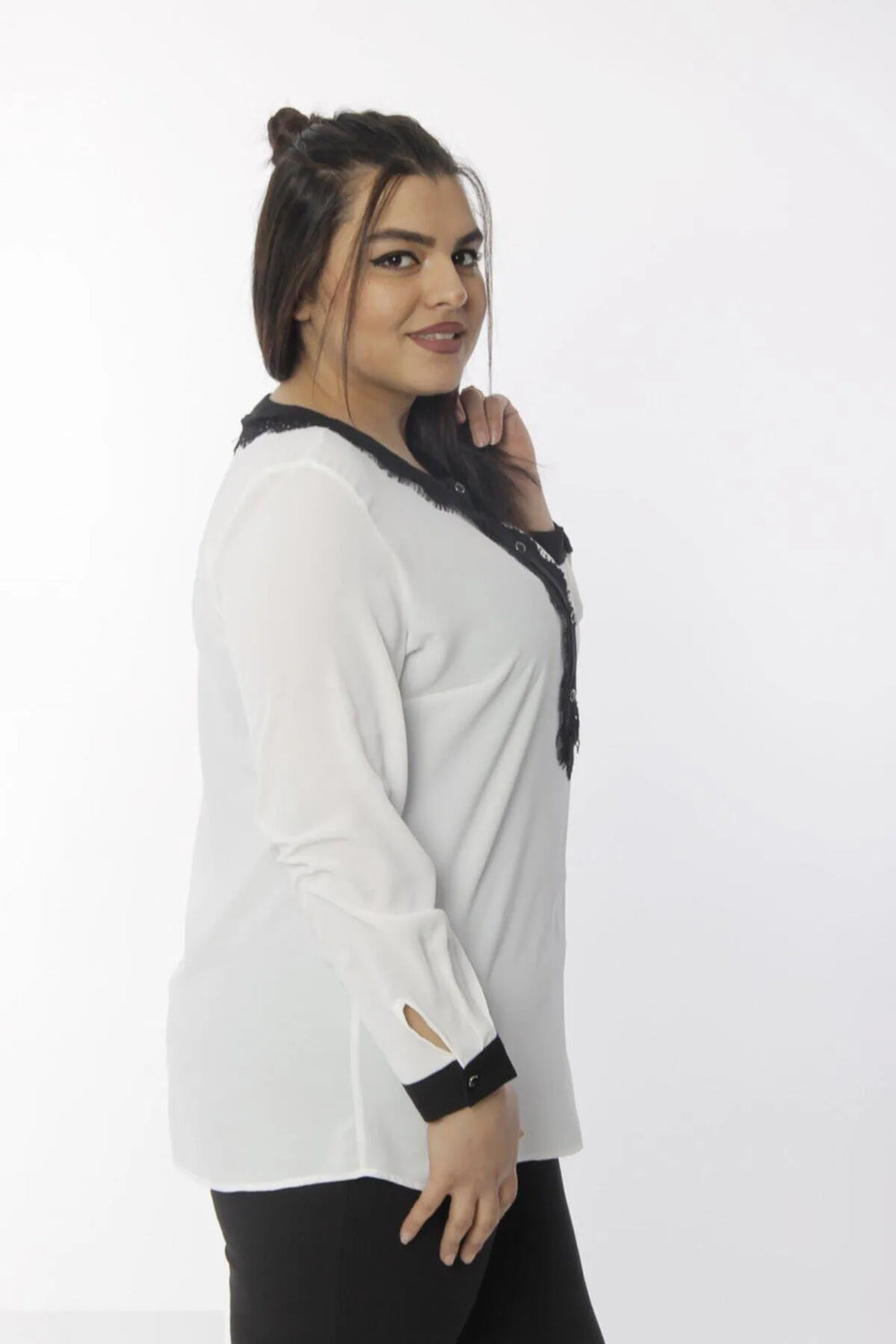 Crew Neck Buttoned Placket Blouse - Image 3