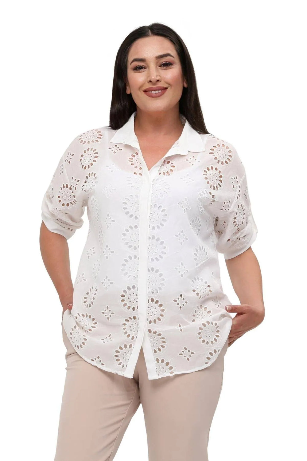 Plus Size White Cotton Viscose Shirt - Floral Patterned - Image 1