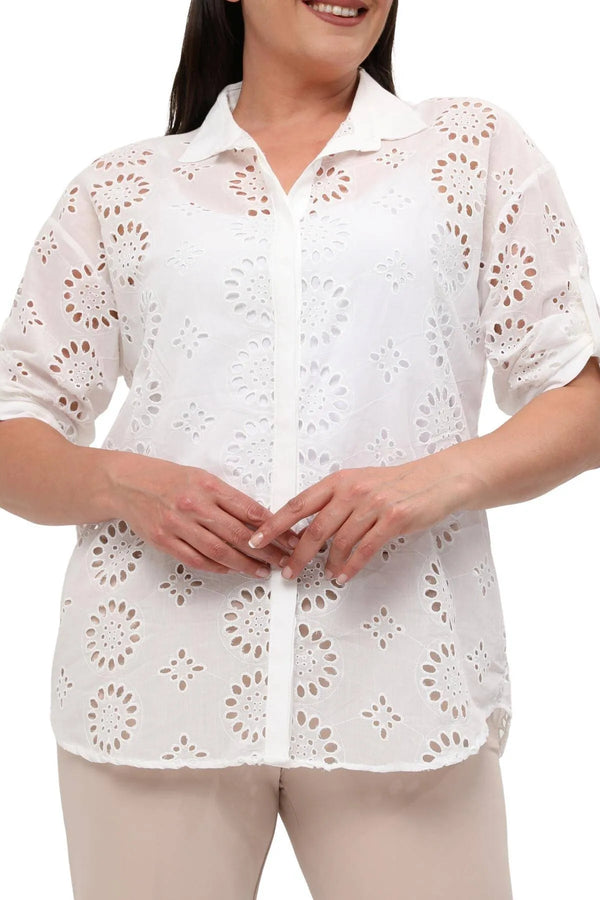 Plus Size White Cotton Viscose Shirt - Floral Patterned