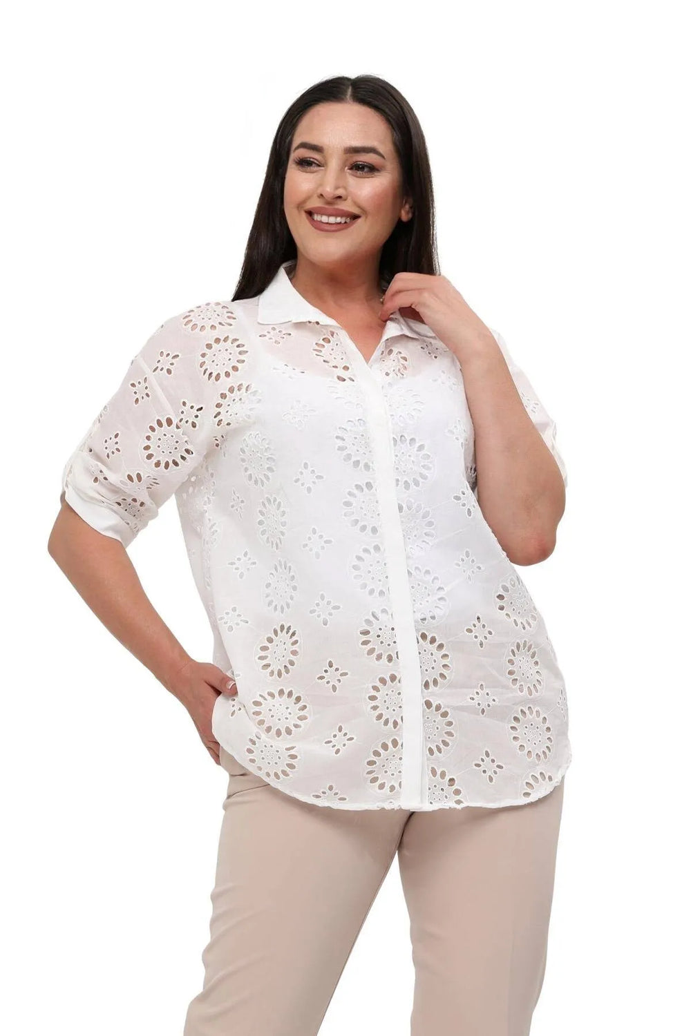 Plus Size White Cotton Viscose Shirt - Floral Patterned - Image 3